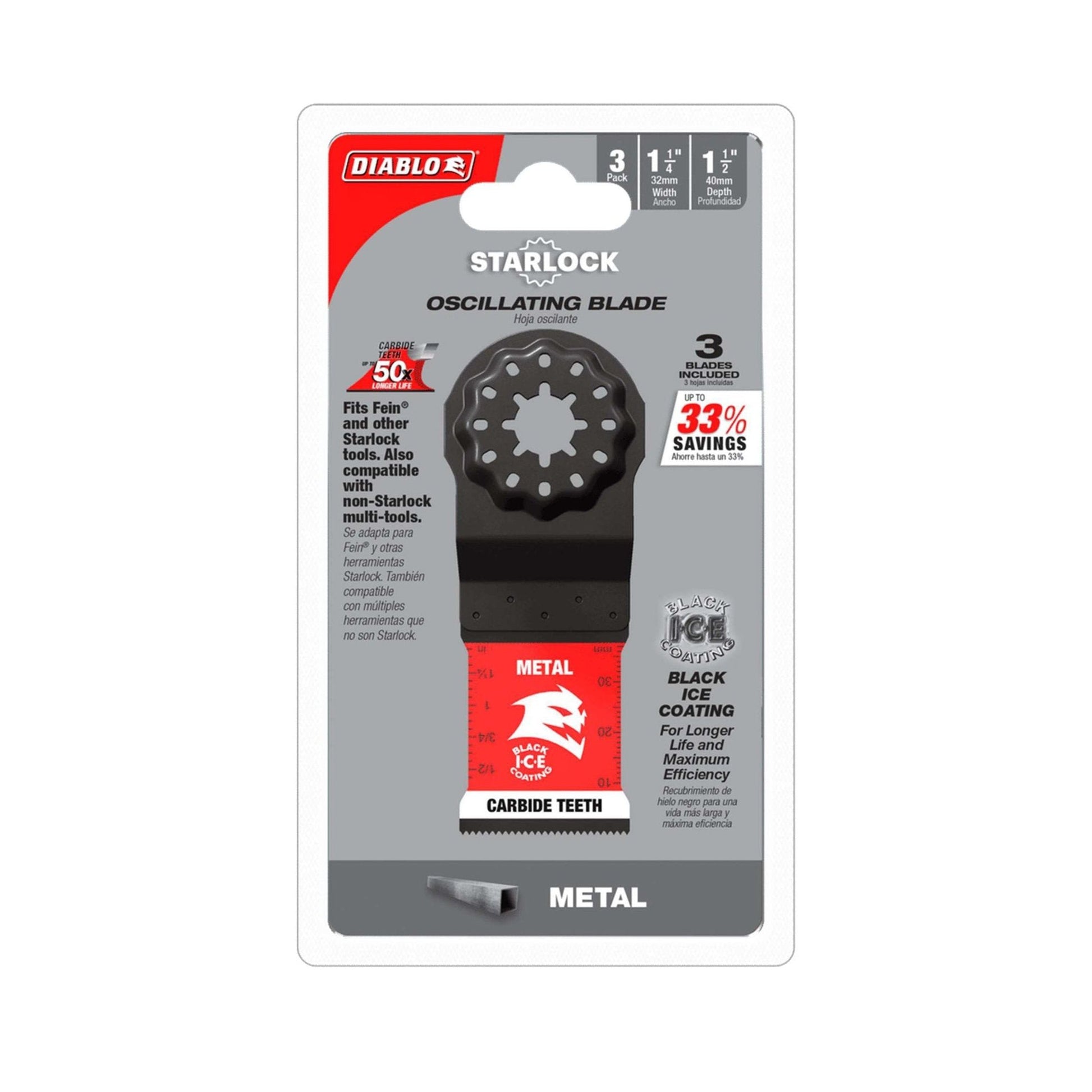 The DIABLO DOS125CF3 Steel Demon™ Starlock Oscillating Blades, in a 1-1/4 in. size, feature a distinctive red and black design with carbide teeth for superior metal cutting and promise Ultimate Blade Life, compatible with Starlock tools such as Fein and Bosch. Comes in a pack of three.