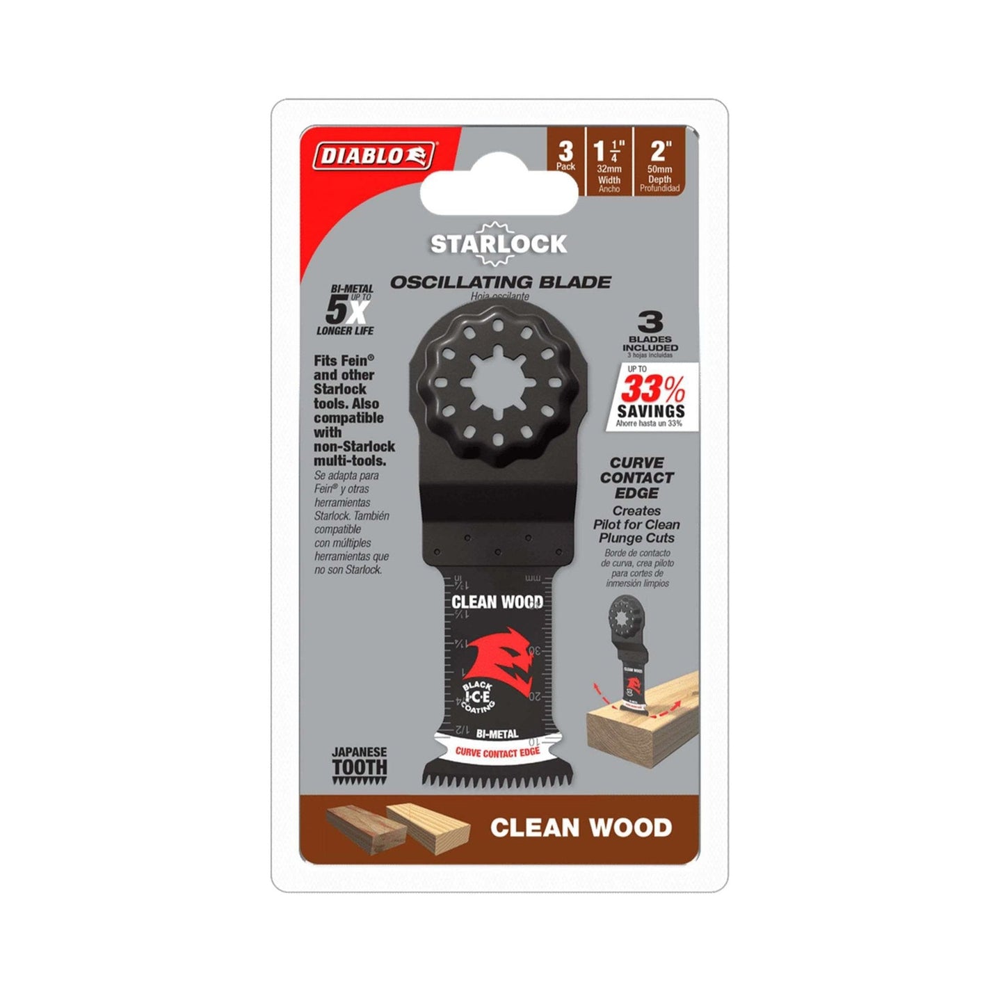 The DIABLO DOS125JBW3 1-1/4 in. Demo Demon™ Starlock Bi-Metal Oscillating Blades for Clean Wood (3-Pack) by Diablo feature a black blade with an ultra-hardened edge, offering 5x longer life, curve contact edge, and Black I.C.E. coating, ideal for plunge cuts and specific tools.