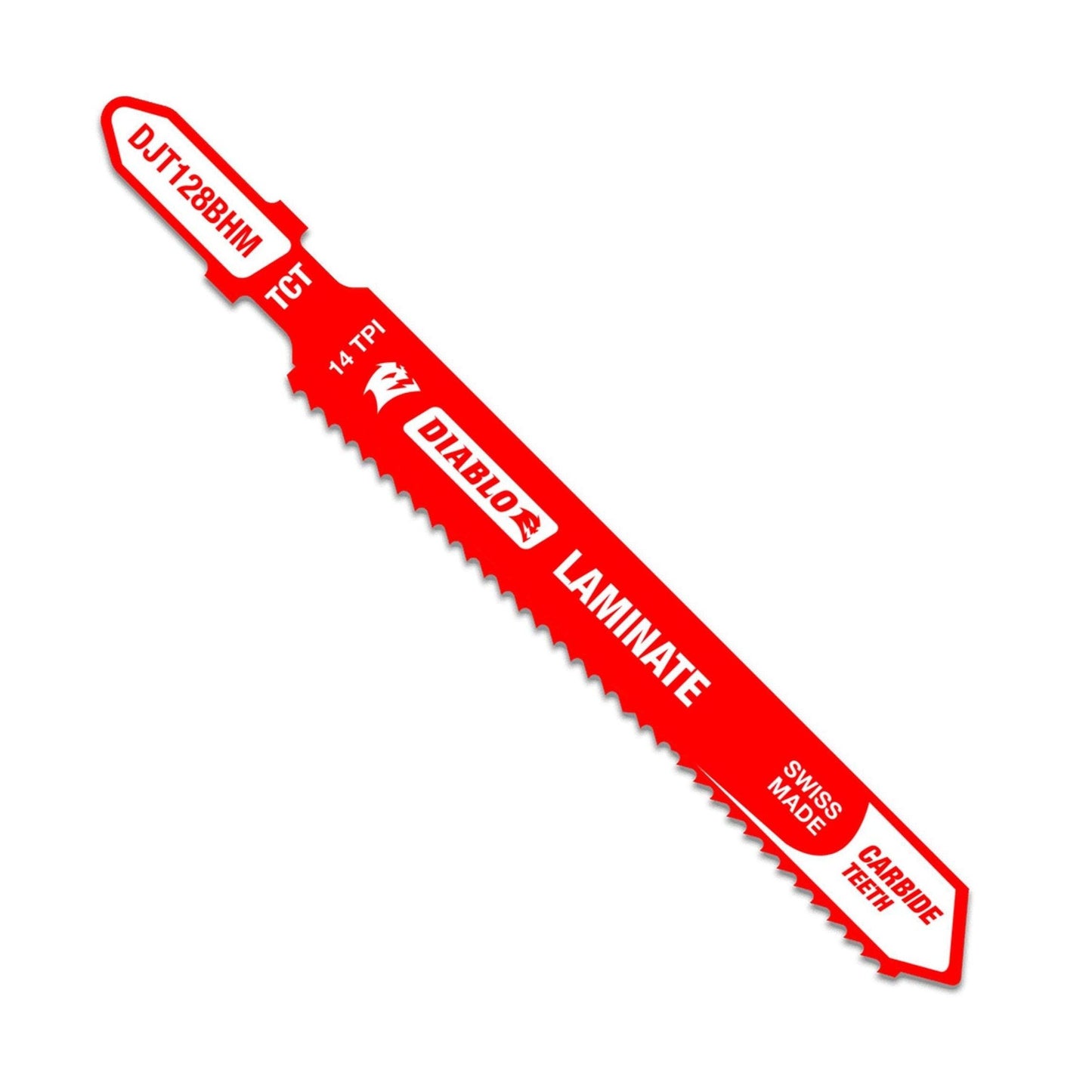 The Diablo DJT128BHM 3-5/8 in. 14 TPI Carbide Jig Saw Blade is ideal for cutting laminate flooring, featuring a T-shank, sharp carbide teeth, and a bi-directional tooth design with white text: DJT128BHM, TCT, Swiss Made.