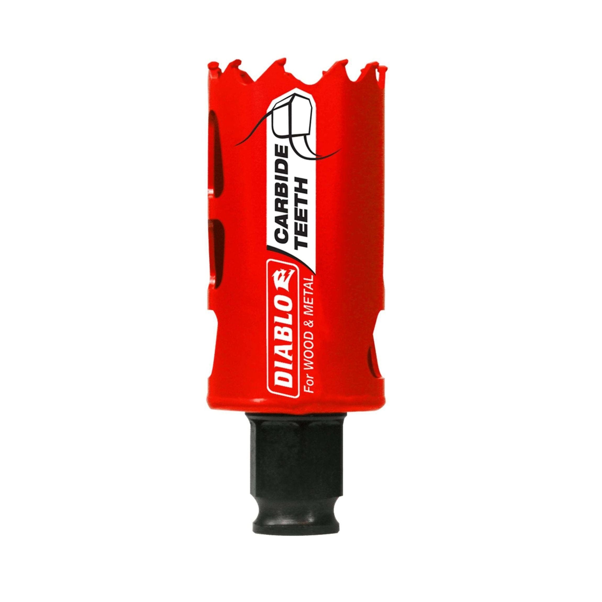 The DIABLO DHS1375CT Hole Saw features carbide teeth for 50X longer life, designed for wood and metal. It has sharp teeth on top, a black hexagonal base, and the Snap-Lock Plus™ Mandrel System for precise holes.