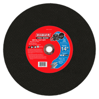 The round, black metal cut-off disc features a red label with the Diablo Steel Demon brand. Engineered for industrial use, it has a 14-inch diameter and 1/8-inch thickness, incorporating a premium ceramic blend for optimal metal cutting. Model: DIABLO DBDS14125A01F.