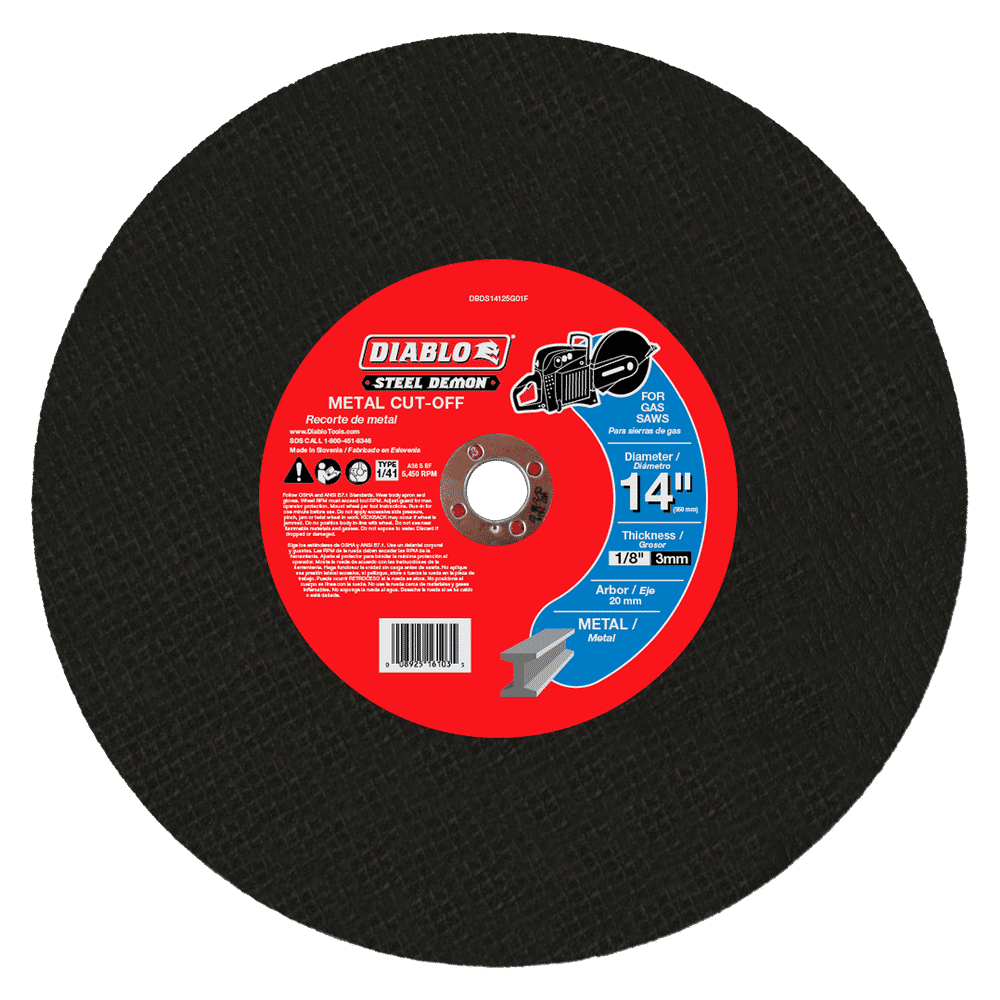 The image features a DIABLO DBDS14125G01F metal cut-off disc with a red label showing specs: 14 diameter, 1/8 thickness, and 20 mm arbor. It has a premium ceramic blend for gas saws and displays ISO and safety symbols.