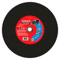 The image features a DIABLO DBDS14125G01F metal cut-off disc with a red label showing specs: 14 diameter, 1/8 thickness, and 20 mm arbor. It has a premium ceramic blend for gas saws and displays ISO and safety symbols.