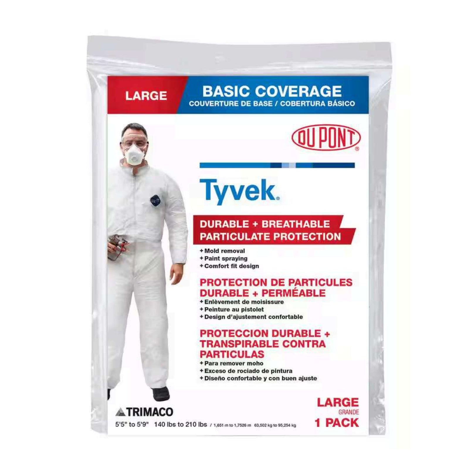 A package of TRIMACO 14122 Tyvek Coveralls No Elastic, size large. The cover shows a person in white protective gear and mask. Text highlights particulate protection, breathability, and suitability for painting or hazardous work.
