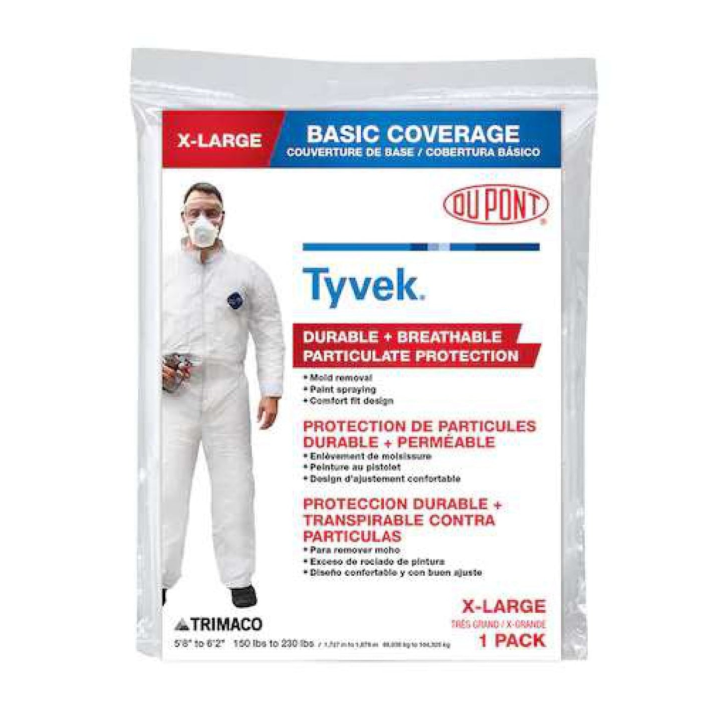 A package of TRIMACO 14123 Tyvek Coveralls No Elastic, XL, features a person in a white suit and mask. Packaging highlights include construction safety, durability, breathability, and reliable particulate protection.