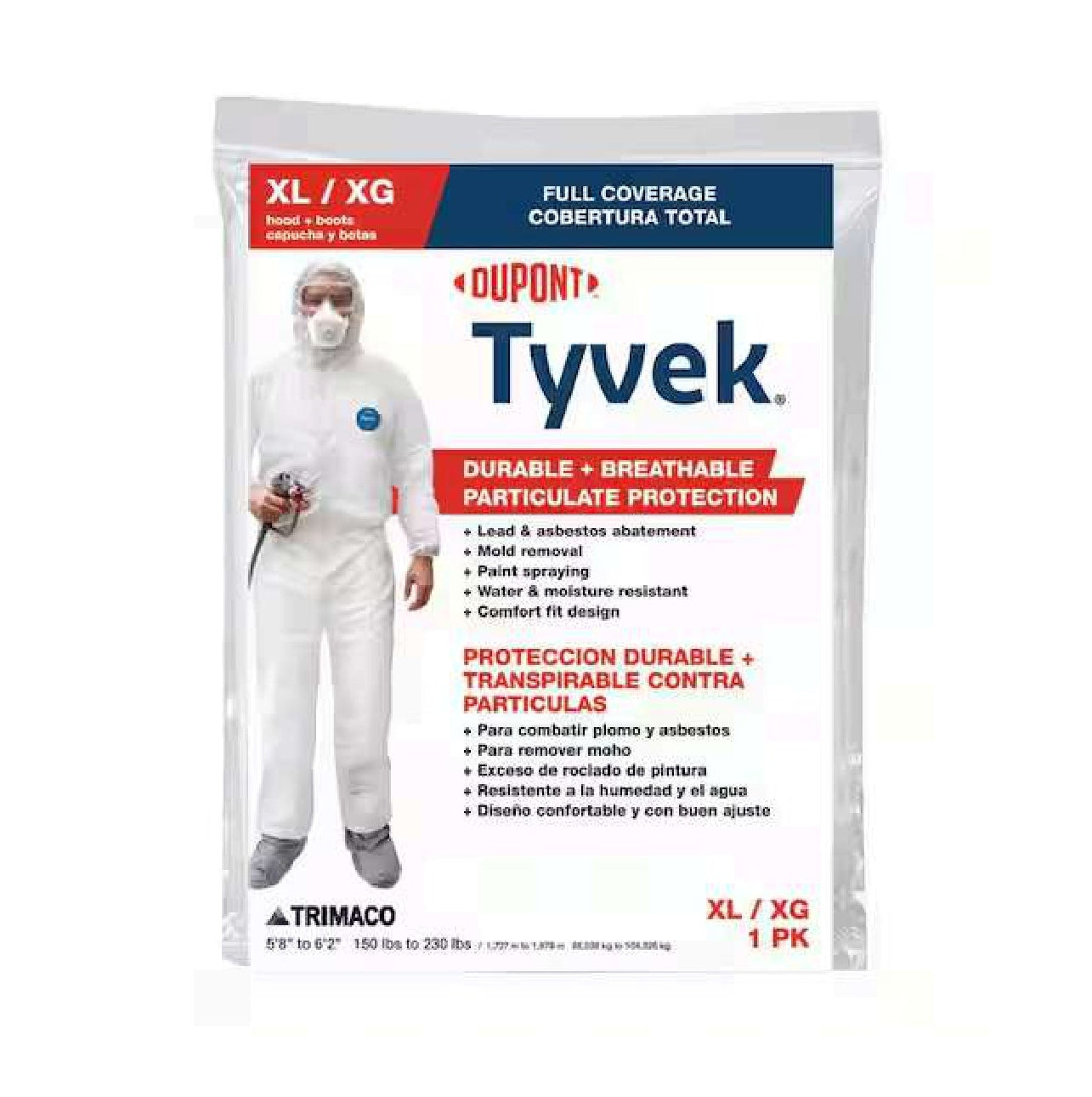 A package of TRIMACO 141232 Tyvek Coveralls With Hood and Boots, XL, shows a person in the white suit with respirator. The package emphasizes durability and breathability—ideal for asbestos removal and particulate protection.