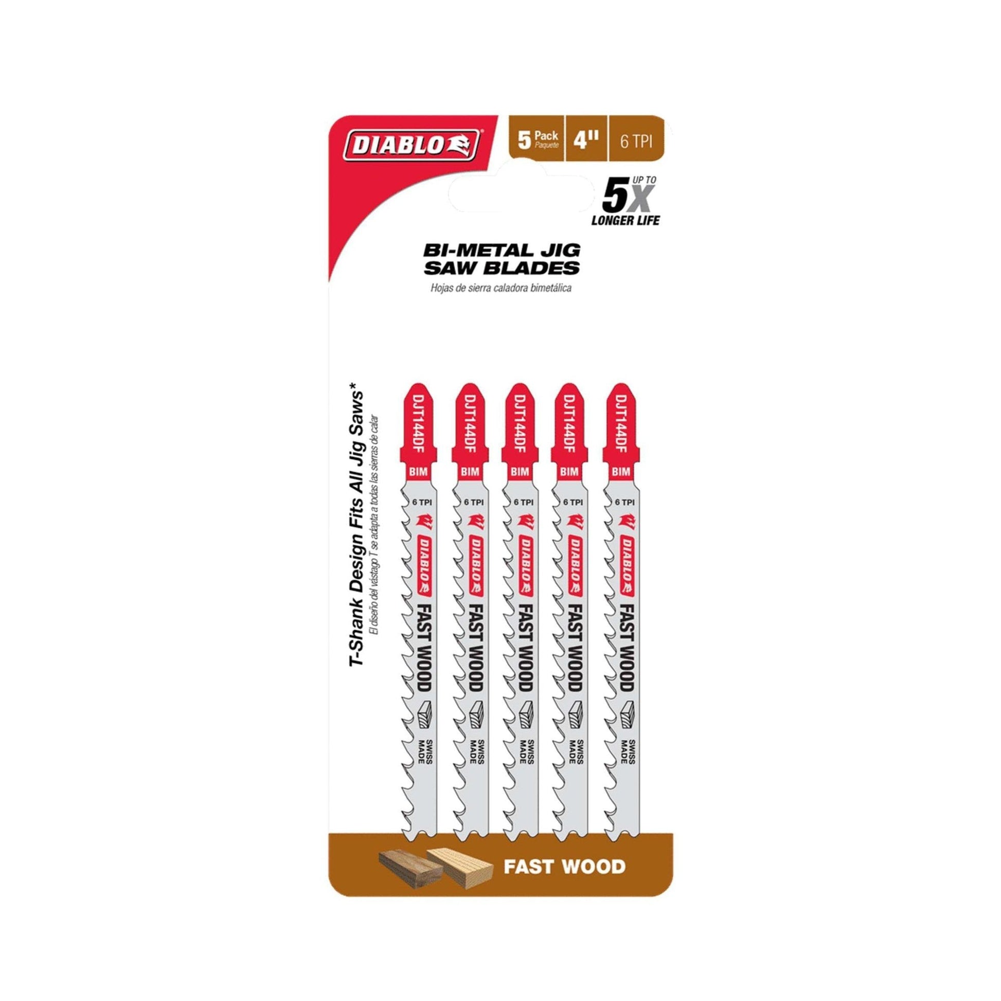 The DIABLO DJT144DF5 4 in. 6TPI Bi-Metal Jig Saw Blades for Wood (5-Pack) includes ultra-hardened cutting edges and a T-shank design for stability. Features a red and white design with product details on the front for fast wood cutting efficiency.