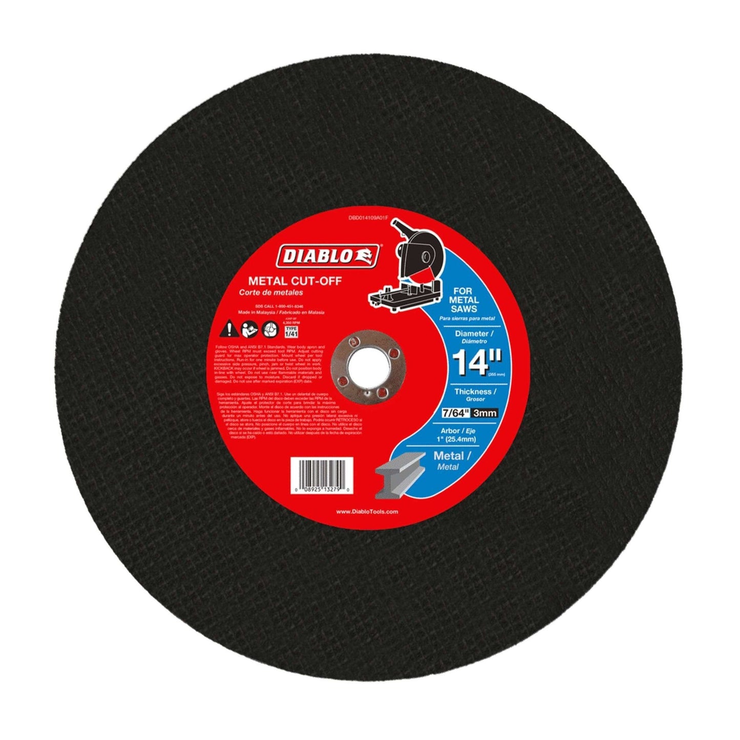 An image of a Diablo cut-off disc designed for metal applications shows a black abrasive surface with an aluminum oxide blend. The red label details the DIABLO DBD014109A01F 14 in. x 7/64 in. x 1 in., ideal for use with chop saws.