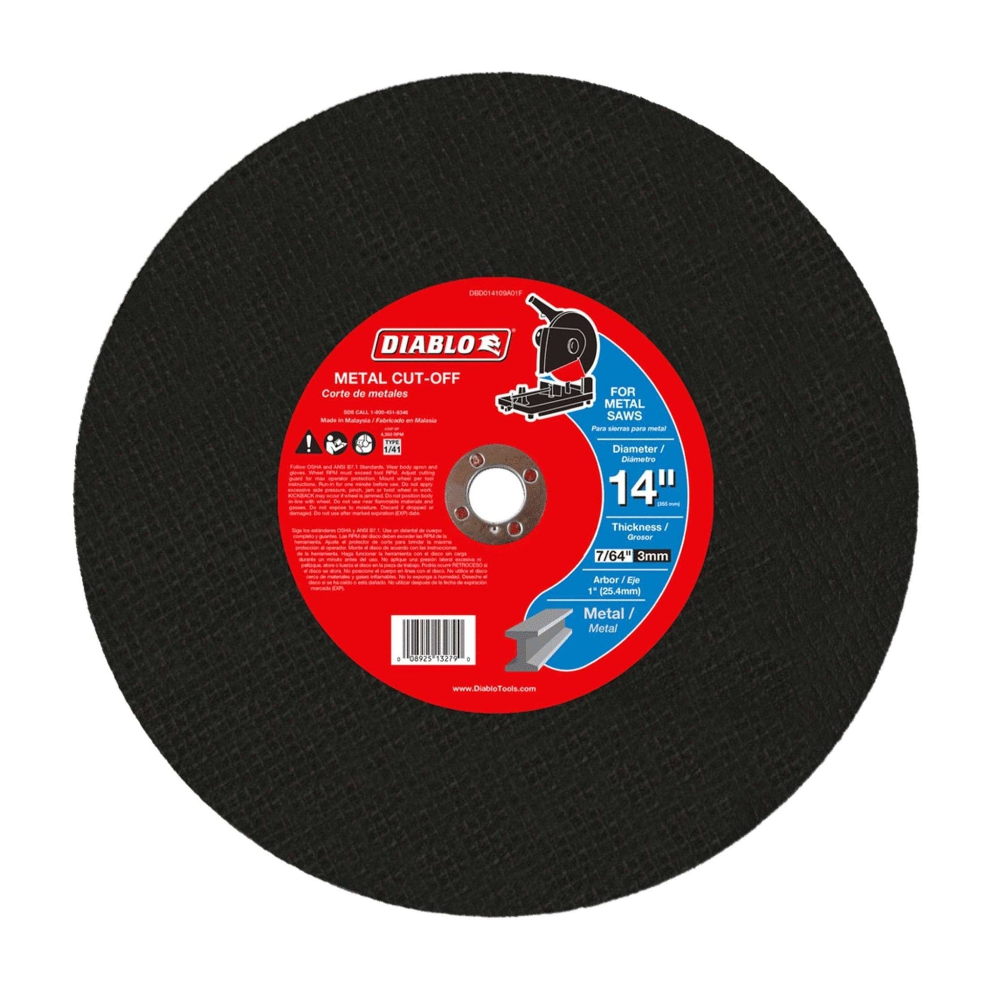 An image of a Diablo cut-off disc designed for metal applications shows a black abrasive surface with an aluminum oxide blend. The red label details the DIABLO DBD014109A01F 14 in. x 7/64 in. x 1 in., ideal for use with chop saws.