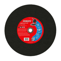 An image of a Diablo cut-off disc designed for metal applications shows a black abrasive surface with an aluminum oxide blend. The red label details the DIABLO DBD014109A01F 14 in. x 7/64 in. x 1 in., ideal for use with chop saws.