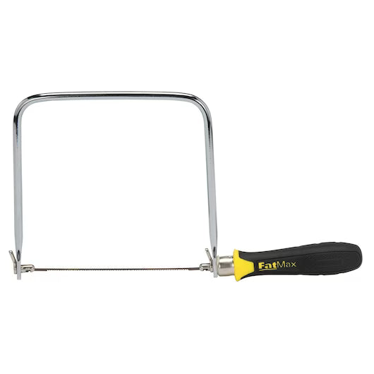 The STANLEY Carded Coping Saw features a thin, serrated blade and a rectangular metal frame with a black and yellow FatMax handle—perfect for precision cutting and detailed woodworking tasks.
