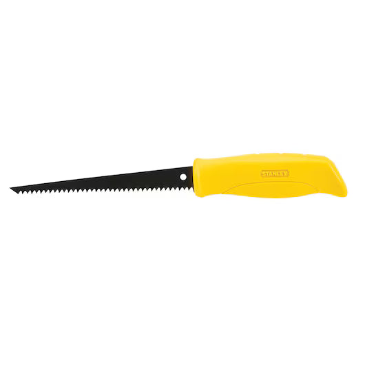The STANLEY® Jab Saw, 6TPI features a yellow handle and a pointed, serrated black blade for cutting drywall and other materials.