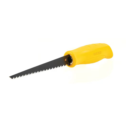 The STANLEY® Jab Saw, 6TPI by STANLEY features a yellow ergonomic handle and a narrow, pointed blade with sharp teeth, ideal for cutting drywall or plasterboard.
