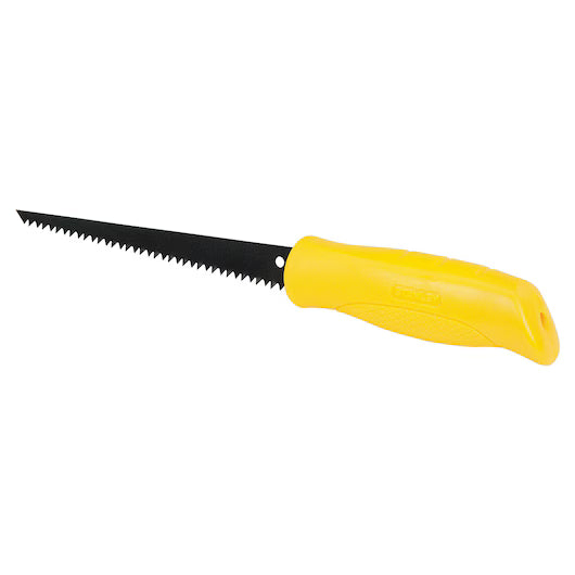 The STANLEY® Jab Saw, 6TPI by STANLEY features a long, narrow serrated blade and a yellow ergonomic handle, designed for precise cutting in drywall and similar materials.