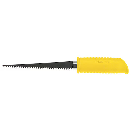 The STANLEY® Jab Saw, 6TPI by STANLEY is a woodworking tool with a serrated blade and yellow plastic handle, designed for cutting drywall or plasterboard.