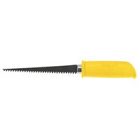 The STANLEY® Jab Saw, 6TPI by STANLEY is a woodworking tool with a serrated blade and yellow plastic handle, designed for cutting drywall or plasterboard.