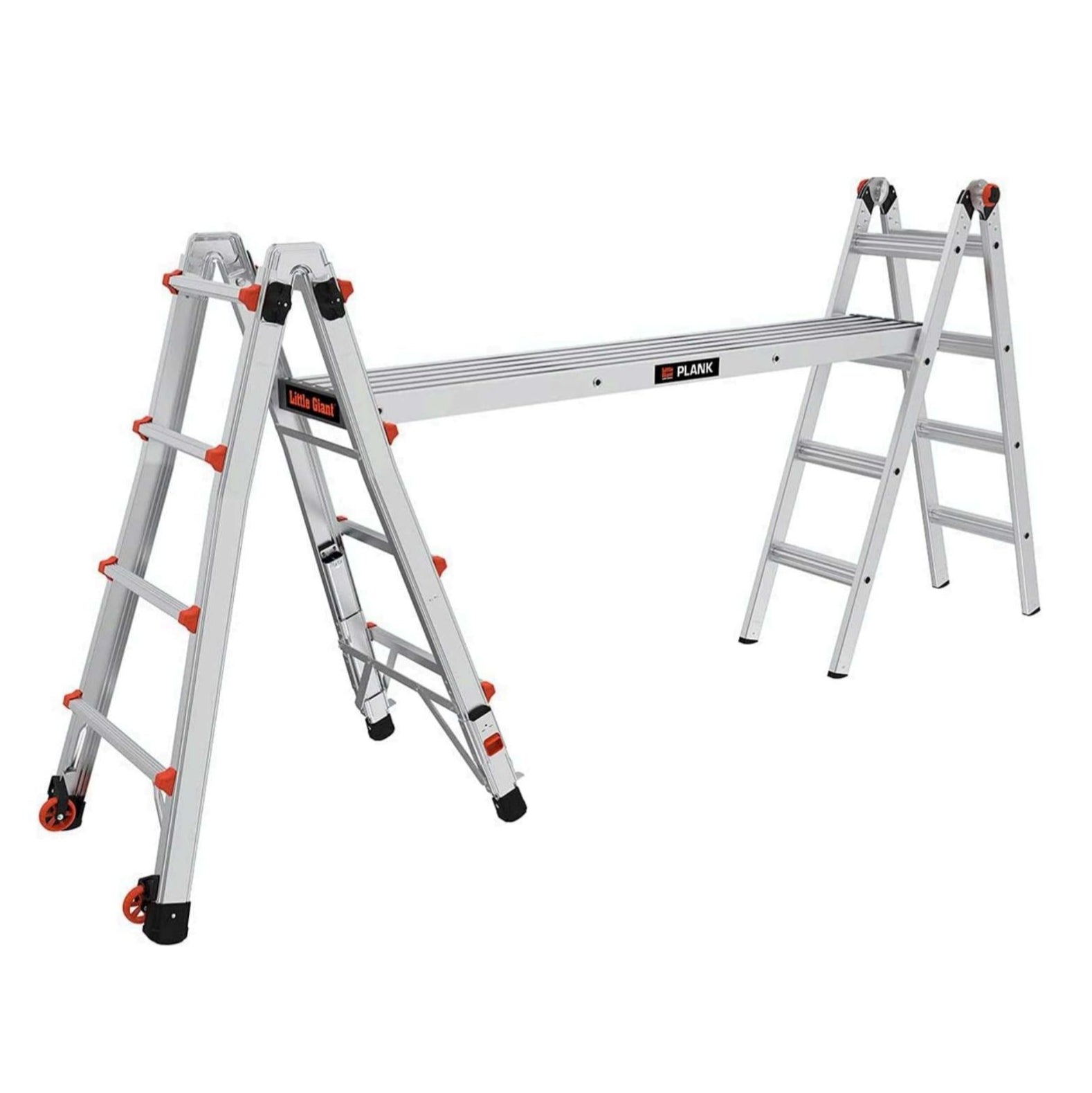 The LITTLE GIANT 15036, a 6 ft. 500-lb telescopic ladder plank by LITTLE GIANT, is set up in a scaffold configuration with an orange-lock platform and four legs, displayed on a white background.
