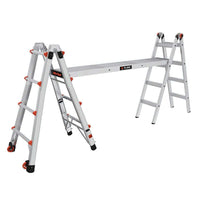 The LITTLE GIANT 15036, a 6 ft. 500-lb telescopic ladder plank by LITTLE GIANT, is set up in a scaffold configuration with an orange-lock platform and four legs, displayed on a white background.