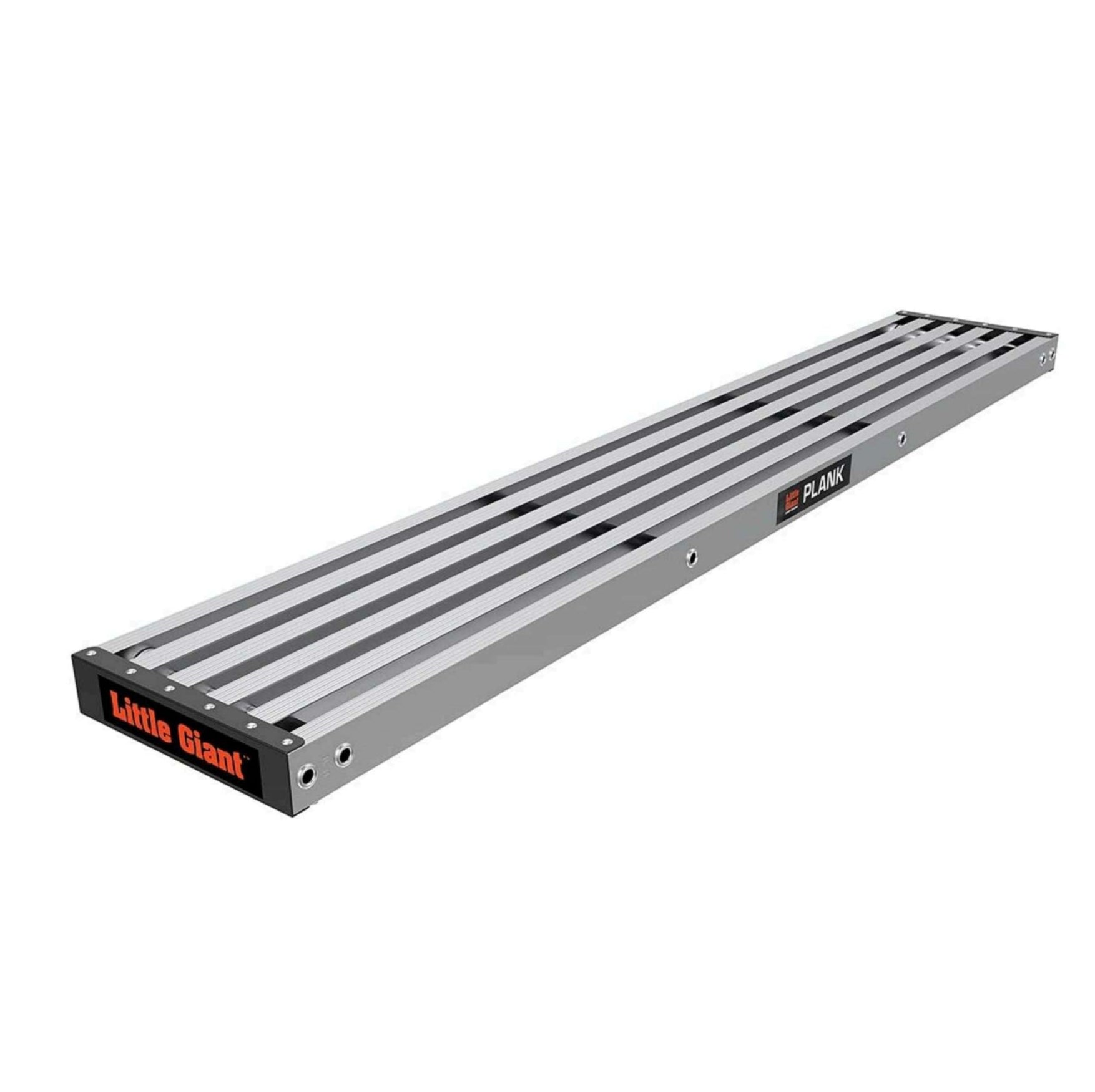 A folded, silver LITTLE GIANT 15036 ladder with black accents stands on a white background, compatible with the 6 ft. 500-lb 2-person telescopic aluminum plank for versatile scaffolding use.
