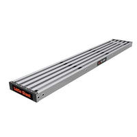 A folded, silver LITTLE GIANT 15036 ladder with black accents stands on a white background, compatible with the 6 ft. 500-lb 2-person telescopic aluminum plank for versatile scaffolding use.