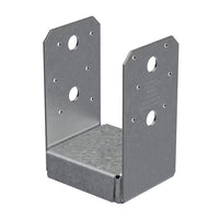 The Simpson Strong-Tie ABU ZMAX® Wood to Concrete 4-in x 4-in bracket features a flat base and upright sides with multiple holes, designed to secure wooden posts to concrete and improve uplift performance in construction.