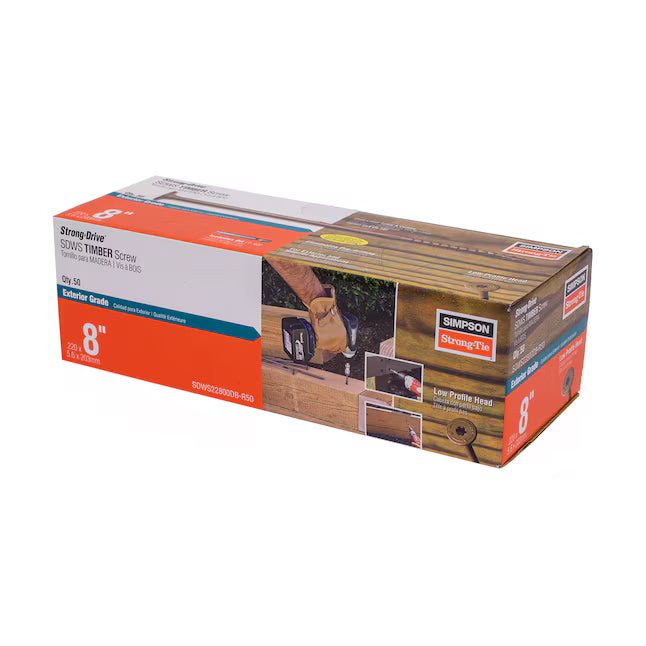 A rectangular box of Simpson Strong-Tie Strong-Drive SDWS Timber Double-barrier Exterior Construction screws (#12 x 8-in) with corrosion resistance, featuring orange, white, and gray branded packaging and product images.