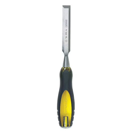 A 1/4 IN STANLEY® FATMAX® THRU-TANG™ wood chisel by STANLEY, featuring a black and yellow handle, is shown vertically with the blade pointing upward.