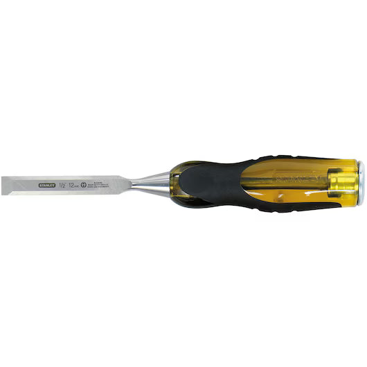 The STANLEY® FATMAX® THRU TANG WOOD CHISEL SINGLE - 1/2IN features a black and yellow handle with a transparent grip section, a flat sharp blade, and sturdy thru tang design. It is shown horizontally on a white background.