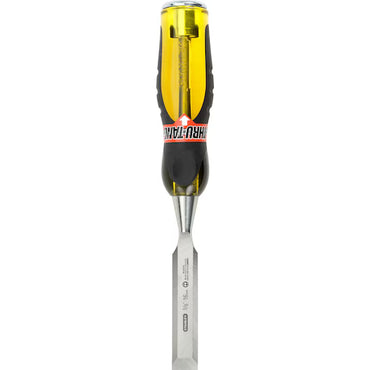 The 5/8 IN STANLEY® FATMAX® THRU-TANG™ WOOD CHISEL by STANLEY features a durable thru-tang design, a sharp silver blade, and a yellow and black ergonomic handle, shown upright with the blade facing downward.