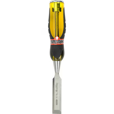 The STANLEY® FATMAX® THRU TANG WOOD CHISEL SINGLE - 3/4IN features a flat, sharp blade and a yellow and black handle labeled THRU TANG, displayed against a white background.
