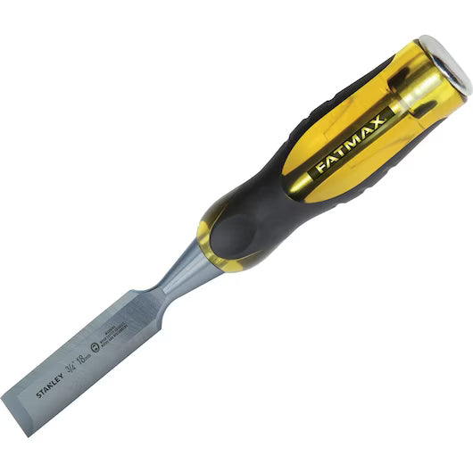 The STANLEY® FATMAX® Thru Tang Wood Chisel Single - 1 Inch features a yellow and black handle with a metal blade, shown from an angled side view.