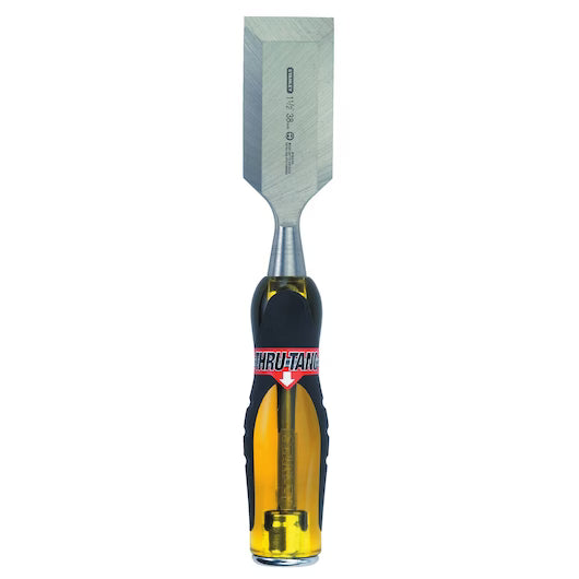 The STANLEY FATMAX Thru Tang Wood Chisel Single - 1-1/2in features a sharp, wide high-carbon steel blade and a transparent yellow and black handle, ideal for precise woodworking tasks.