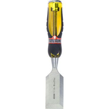 The STANLEY® FATMAX® Thru Tang Wood Chisel Single - 1-1/2IN features a wide, flat high-carbon steel blade and a transparent yellow handle, shown upright with blade down and handle up.