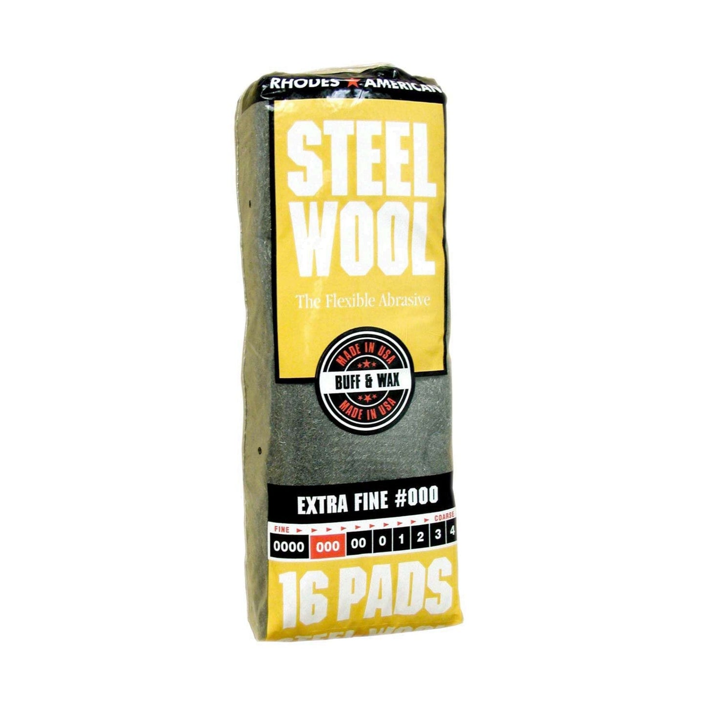 A 16-pack of RHODES AMERICAN 16101 Steel Wool Pads, Extra-Fine #000, offers premium polishing and buffing. The yellow, black, and silver packaging highlights their flexible abrasive quality.