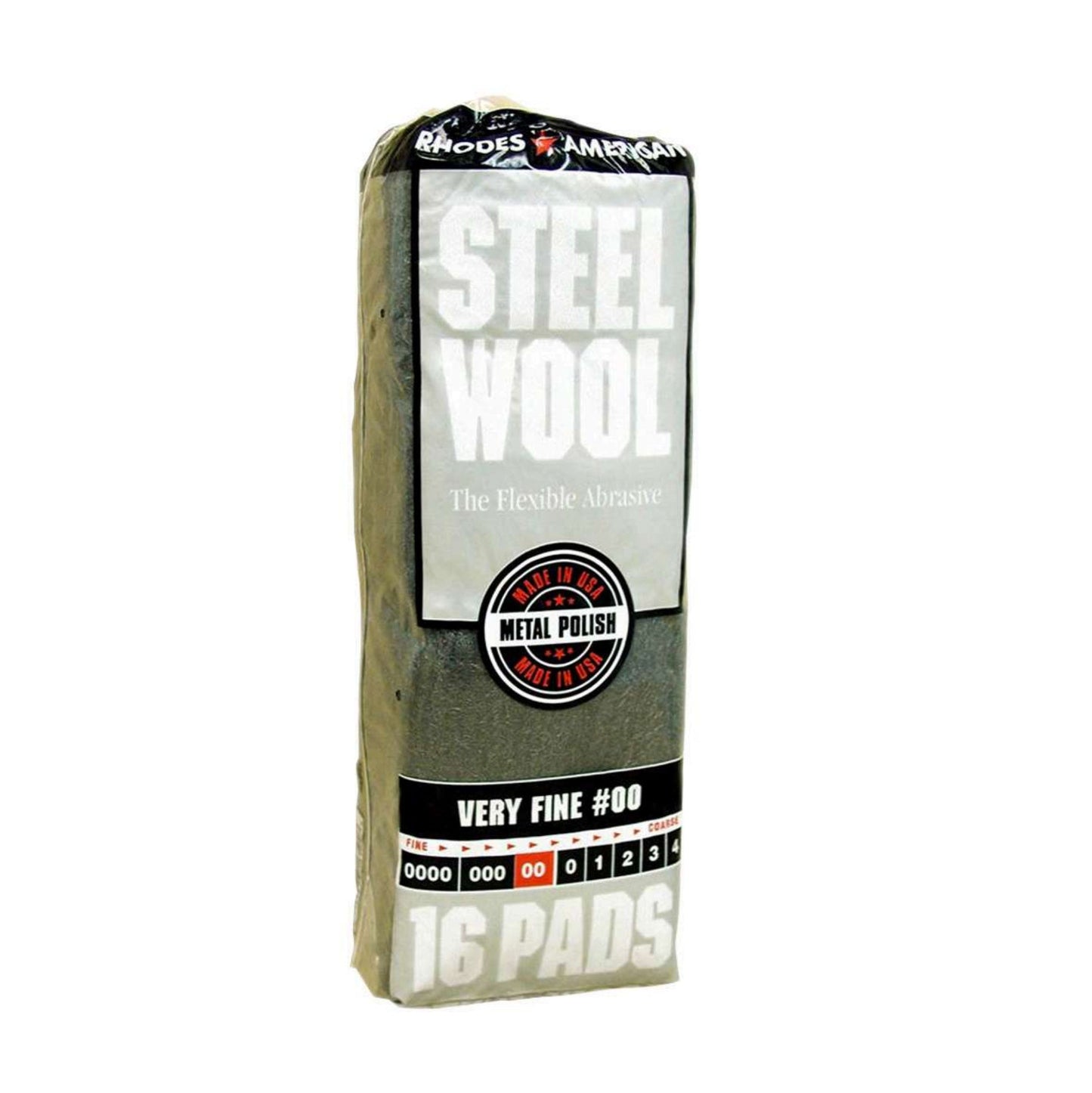 A 16-pack of RHODES AMERICAN 16102 Steel Wool Pads, Very-Fine #00 grade, ideal for metal polishing and wood finishing. Silver and gray packaging.