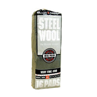 A 16-pack of RHODES AMERICAN 16102 Steel Wool Pads, Very-Fine #00 grade, ideal for metal polishing and wood finishing. Silver and gray packaging.