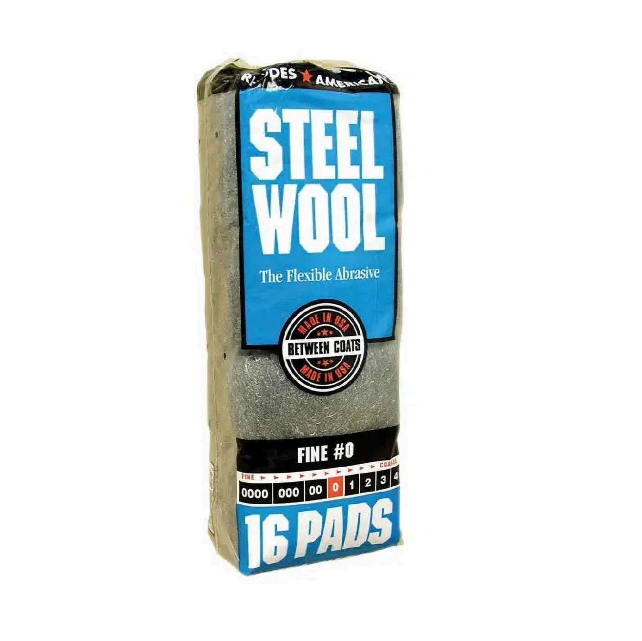 A pack of RHODES AMERICAN 16103 Steel Wool Pads, Fine#0 (16PC/Pack), ideal for surface prep and rust removal. Packaging features a blue design with black, white, and red accents.