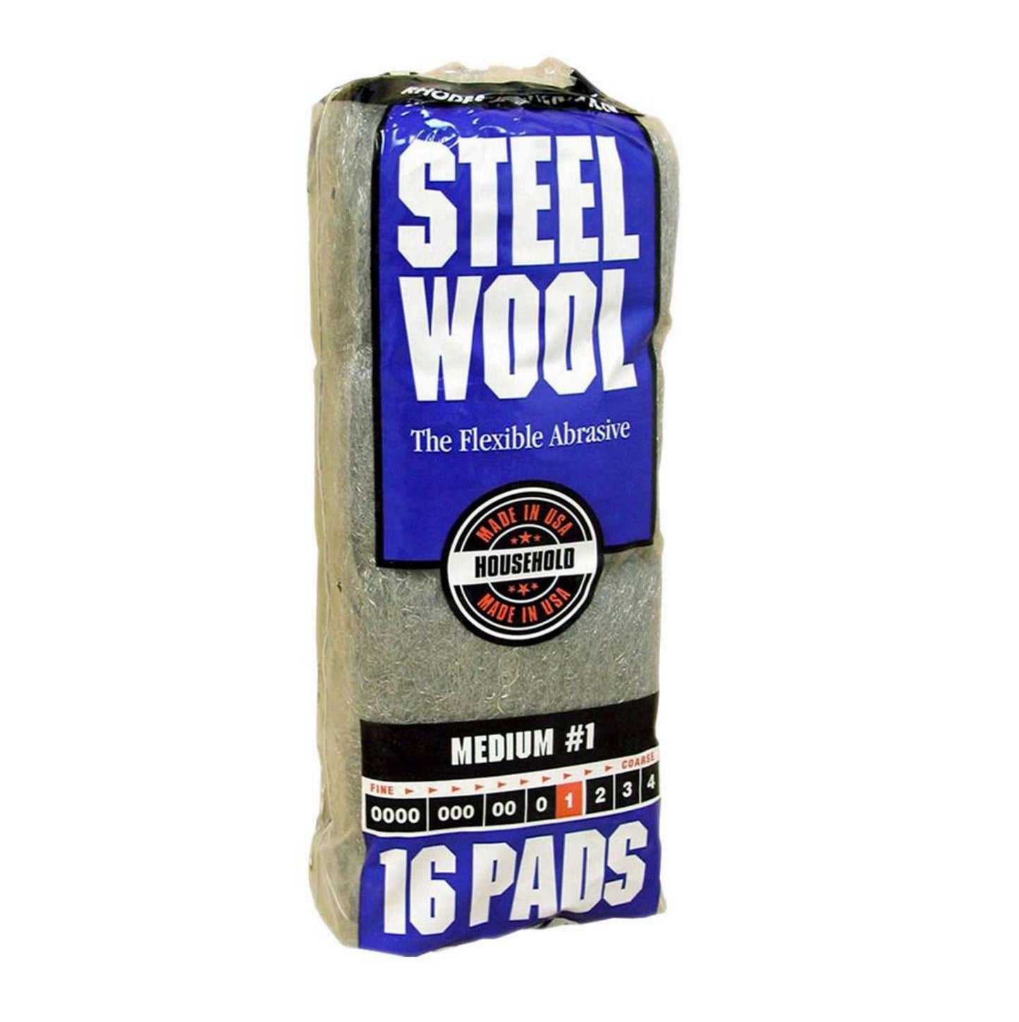 RHODES AMERICAN 16104 Steel Wool Pads, Medium#1 (16PC/Pack) come in blue packaging with white and red accents, highlighting their effective rust removal. The front displays the RHODES AMERICAN brand and shows a bundle of gray steel wool pads inside.
