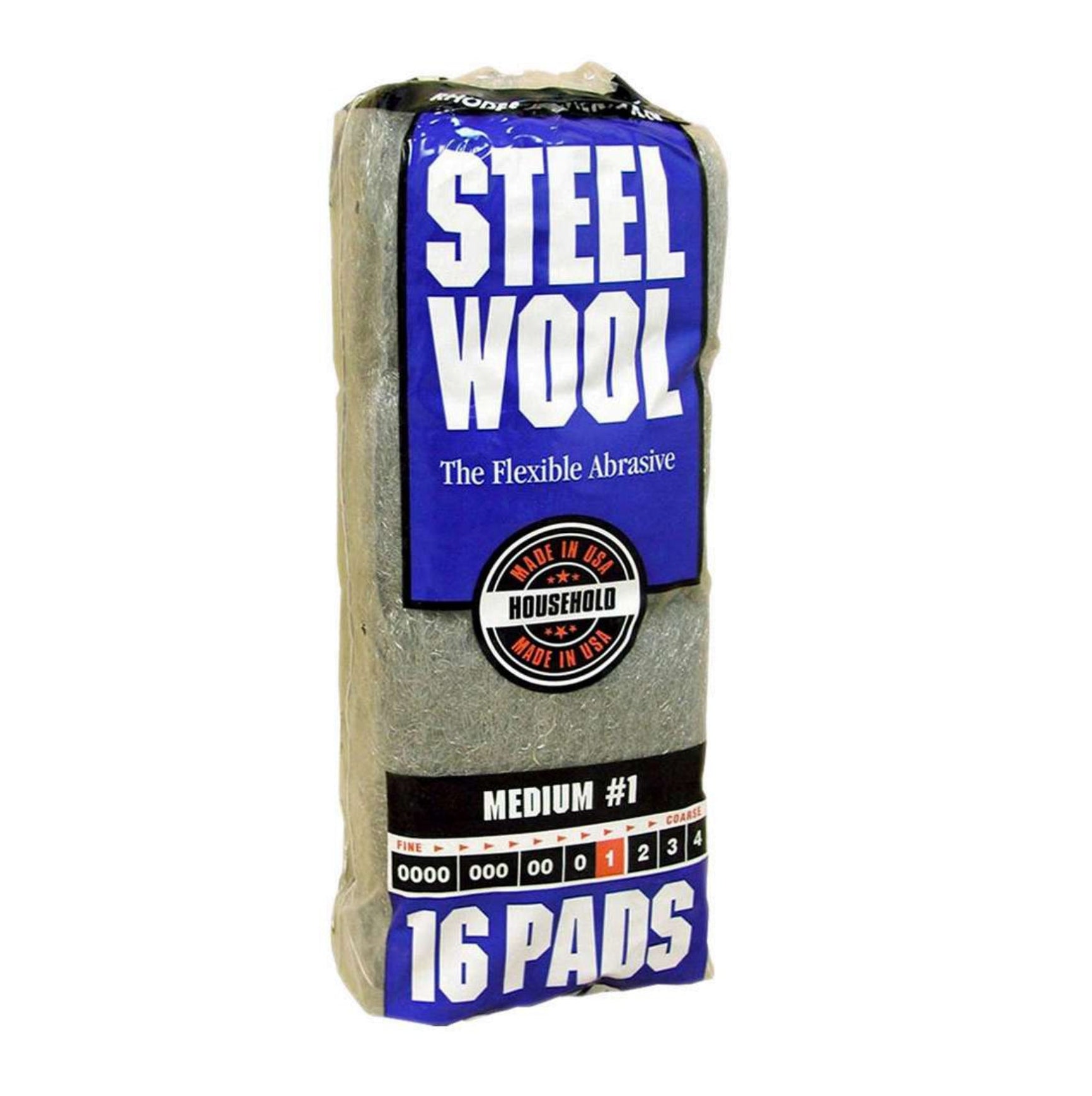 RHODES AMERICAN 16104 Steel Wool Pads, Medium#1 (16PC/Pack) come in blue packaging with white and red accents, highlighting their effective rust removal. The front displays the RHODES AMERICAN brand and shows a bundle of gray steel wool pads inside.