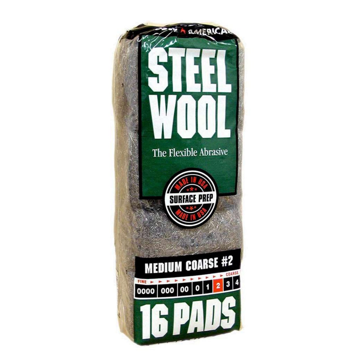 The RHODES AMERICAN 16105 Steel Wool Pads, Medium Coarse #2 (16PC/Pack) are ideal for rust and paint removal, with a green and black design and abrasiveness grading scale.