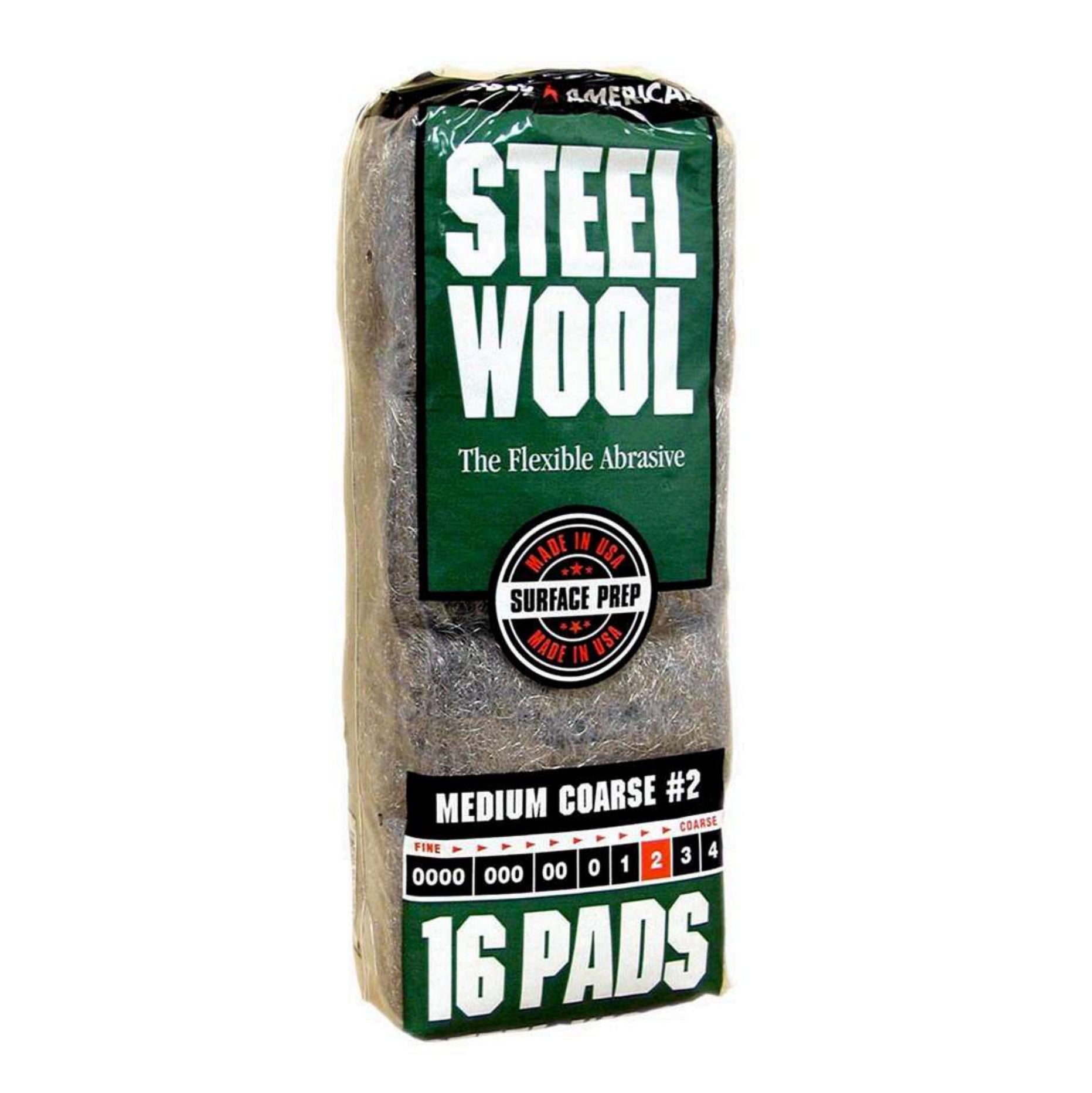 The RHODES AMERICAN 16105 Steel Wool Pads, Medium Coarse #2 (16PC/Pack) are ideal for rust and paint removal, with a green and black design and abrasiveness grading scale.