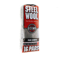 A 16-pack of RHODES AMERICAN 16106 Steel Wool Pads, Paint Removal #3 Coarse, ideal for paint removal and surface prep, with pads visible through clear wrapping.