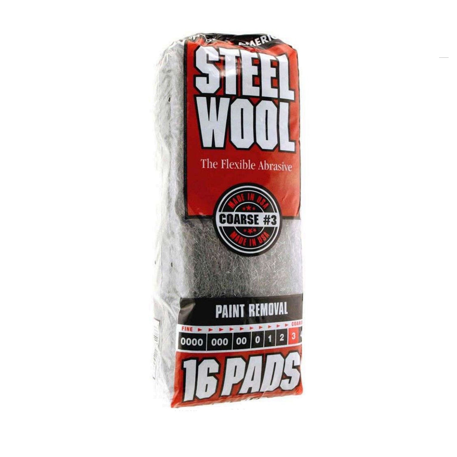 A 16-pack of RHODES AMERICAN 16106 Steel Wool Pads, Paint Removal #3 Coarse, ideal for paint removal and surface prep, with pads visible through clear wrapping.
