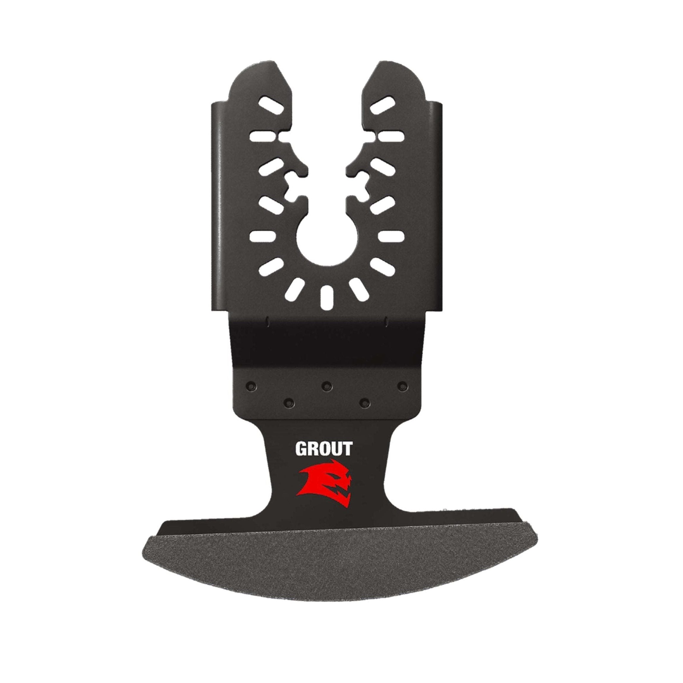 The DIABLO DOU16DGX Universal Fit Diamond Grit Oscillating Blade from Diablo, featuring a semi-circular cutting edge and universal fit, marked with GROUT and a red logo, is an ideal choice for efficient grout removal tasks.