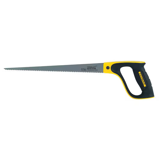 A close-up of the 12 in STANLEY® FATMAX® Compass Saw, featuring a long, narrow blade and a black and yellow ergonomic handle by STANLEY, designed for easy grip and precise hand saw woodworking.