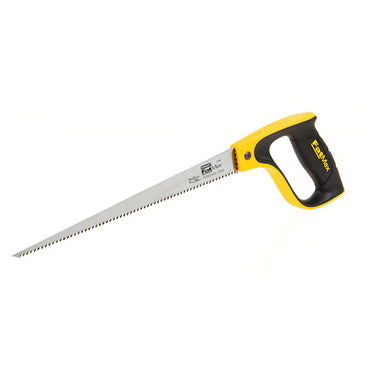 The 12 in STANLEY® FATMAX® Compass Saw features a pointed, serrated blade and a yellow and black ergonomic handle, ideal for precise cuts through drywall and more—perfect for tasks similar to those done with a woodworking hand saw.
