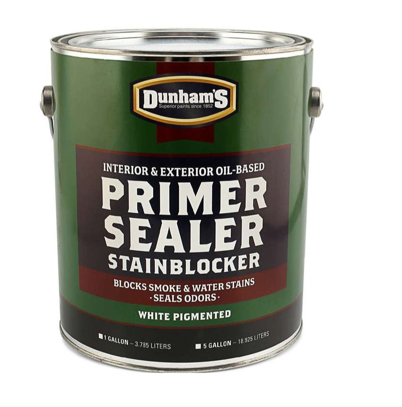 A 1-gallon can of DUNHAM Oil-Based Primer & Sealer, Heavy-Duty Stain Blocker for interior/exterior use; white pigmented formula blocks stains, seals odors, and acts as an alkyd primer.