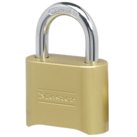 The MASTER LOCK 175D Resettable Brass Combination Lock by Master Lock features a die-cast brass body, 1 in. hardened steel shackle, and offers keyless security for your valuables.