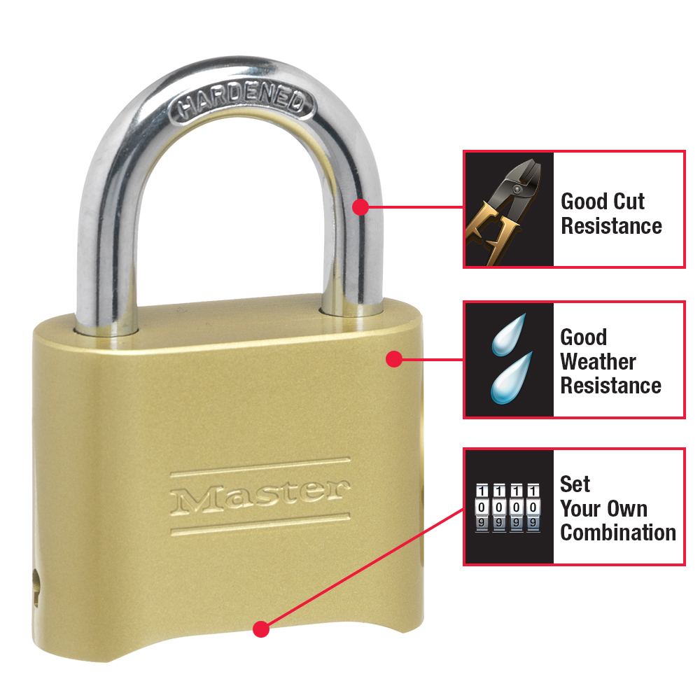 The MASTER LOCK 175D Resettable Brass Combination Lock by Master Lock offers keyless security, strong cut resistance with a die-cast 1 in. shackle, weather resistance, and a resettable combination lock with easy-to-use dials.