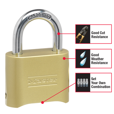 The MASTER LOCK 175D Resettable Brass Combination Lock by Master Lock offers keyless security, strong cut resistance with a die-cast 1 in. shackle, weather resistance, and a resettable combination lock with easy-to-use dials.